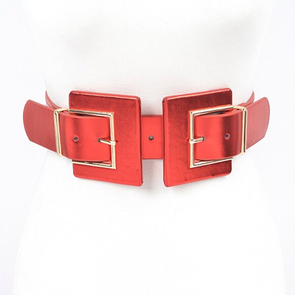 BNWT Metallic Double Buckle Elastic Fashion Belt Square Buckle Stretch Belt - Picture 1 of 6